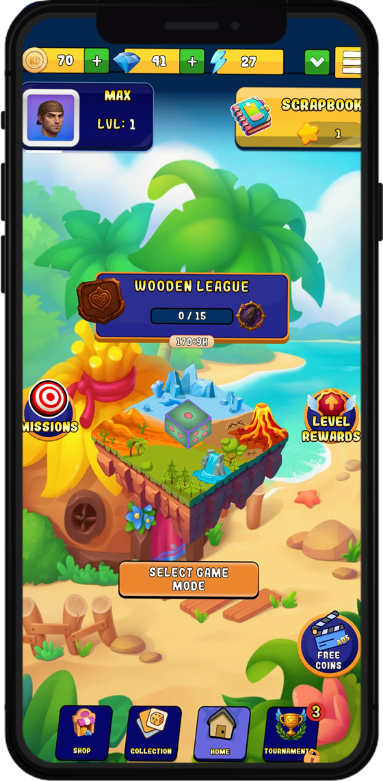 Knocky Dice home island with leagues, missions and level rewards