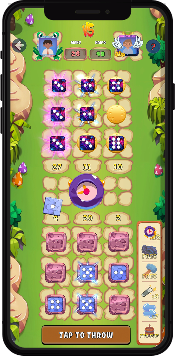 Knocky Dice match board with dice, boosters and the score