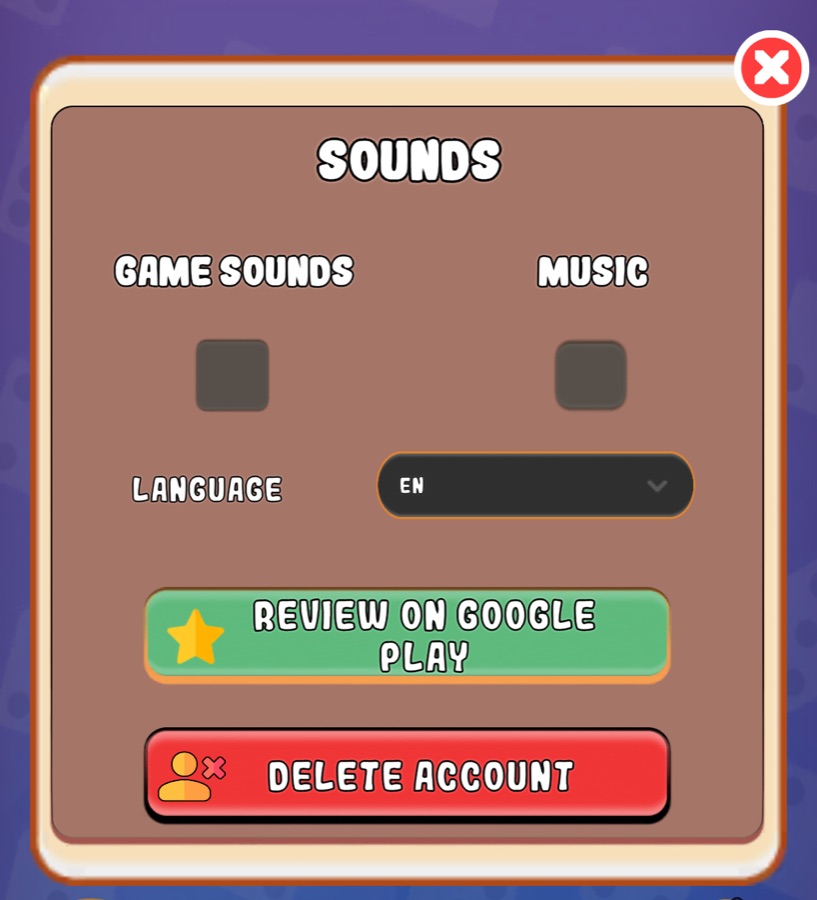 Game settings screen with the Delete Account button